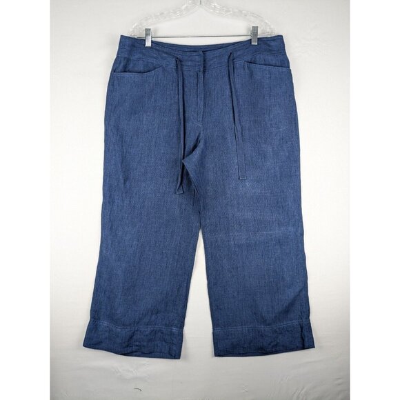Jones New York Pants Woman Plus Size 16W Blue 100% Linen Cropped Wide Leg - Picture 1 of 9
